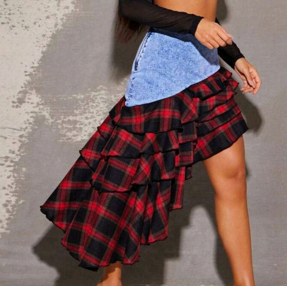 Stretch Denim Flannel Contrast Ruffle Hem Asymmetrical Skirt, Brunch Outfit